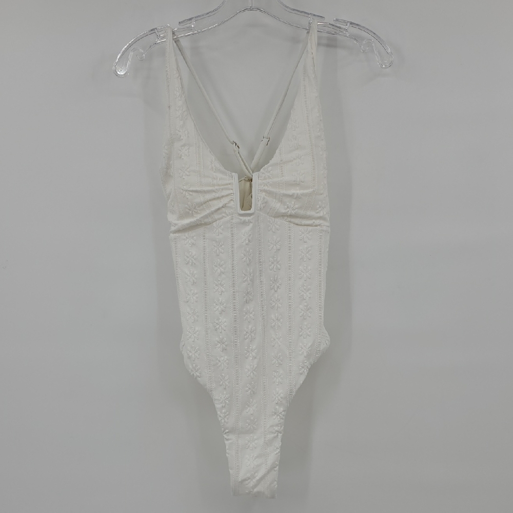 Cream Textured V-Notch One-Piece Swimsuit Size L